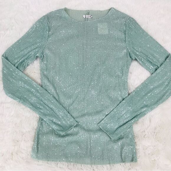 FREE PEOPLE Gold Rush Sequin Long Sleeve Top Tee Mint Green Medium Large New - Picture 6 of 11